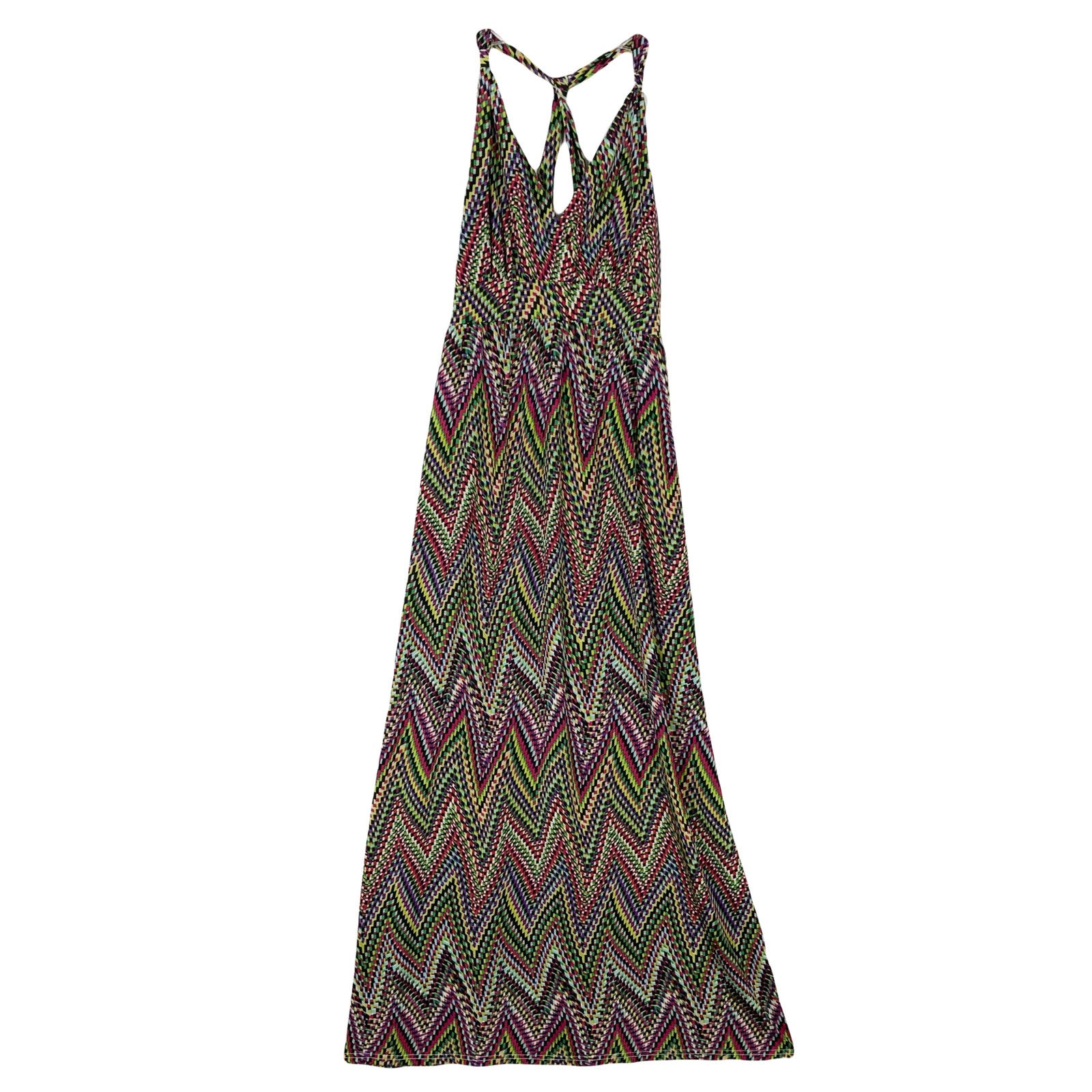 Nwot Neesha Dress M/L Multicolor Chevron Halter Cross Back Smocked Maxi Stretch